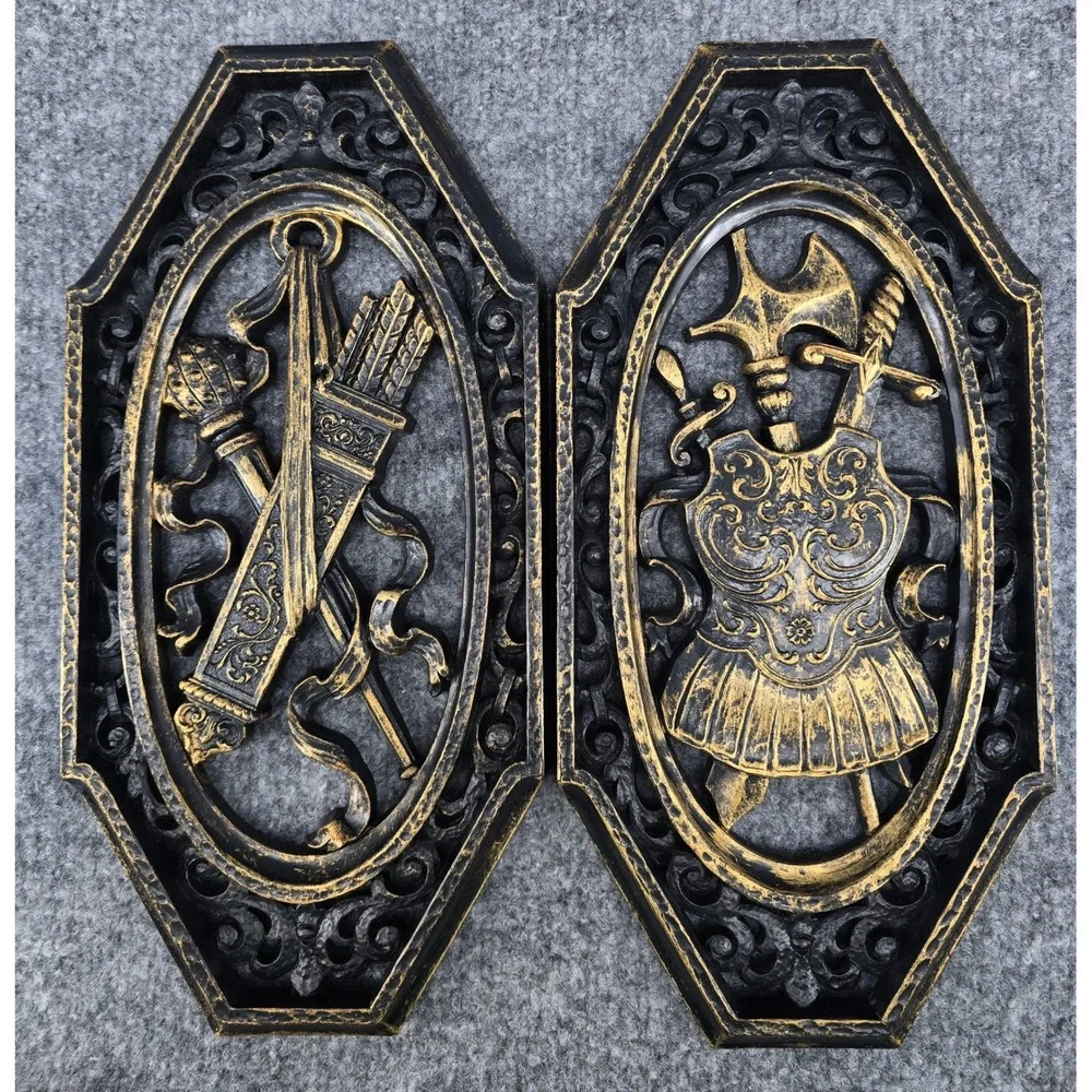 Vtg Medieval Wall Plaques Black Gold 1968 Gothic Heraldic Spanish 4pc Set